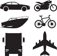 Car motorcycle boat bicycle truck airplane silhouettes vector
