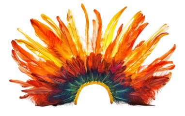 A large feathered headdress used in carnival featuring vibrant colors and intricate design details isolated on transparent background PNG