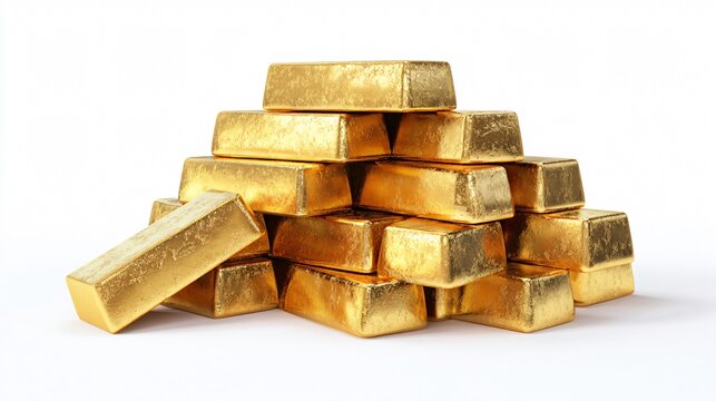 Luxurious Set of Gold Bars and Piles of Shiny Gold Ingots Isolated on White Background