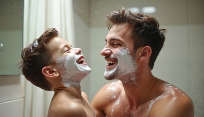 Father, son share joyful shaving experience in bathroom. Both covered in shaving foam, laughing together. Heartwarming moment captures of family bonding, teaching good hygiene practices. Delightful