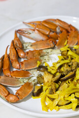 Creamy mushroom and fish Mediterranean Italian Tagliatelle Pasta close up	