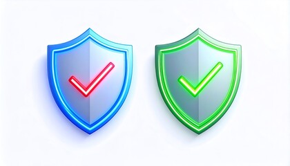 Two glowing shield icons, one with a red check mark and the other with a green check mark, demonstrate approval or security.