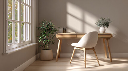 Modern Scandinavian-style home office with light wooden desk, white minimalist chair, potted green plant, soft natural daylight from window, neutral clean walls