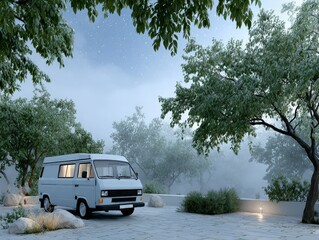 Fototapeta premium Serene Night Escape: Campervan Parked Amongst Misty Trees