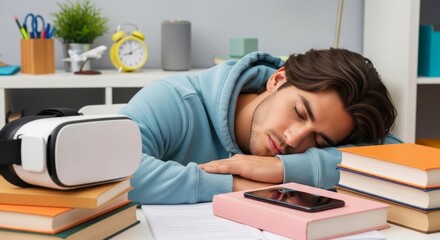 Young Man in Blue Hoodie Sleeping on Desk Surrounded by Books and Technology