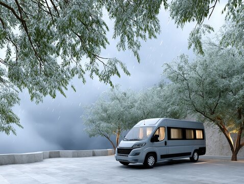 Silver Campervan Parked Under Trees During a Rainy Day. Scenic Road Trip and Atmospheric Nature Photography