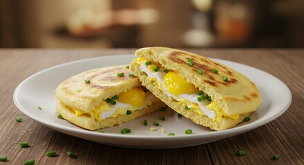 Breakfast Sandwich Delight: A close-up shot captures two halves of a scrumptious breakfast sandwich filled with fluffy eggs and fresh herbs, nestled on a pristine white plate. A culinary dreamscape.
