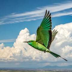 spectacular flight of a vivid green bird a