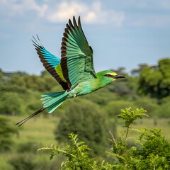 spectacular flight of a vivid green bird a