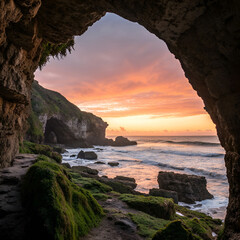 sunset view through coastal rock archway