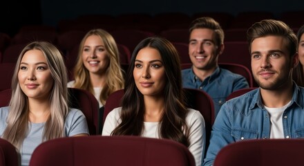 Diverse Group of Young Adults Watching Movie in Plush Theater Seats