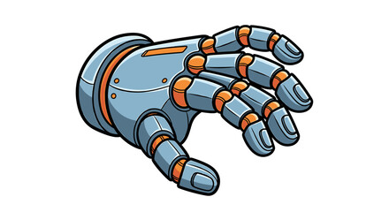 Illustration of a robotic hand with articulated fingers and a metallic gray and orange color scheme design style on transparent background