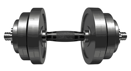 Illustration of a metal dumbbell with multiple weight plates on each side and a textured grip in the middle on transparent background