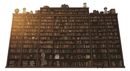 Illustration of a large bookshelf filled with books and various decorative items on the top shelves on transparent background © Segati
