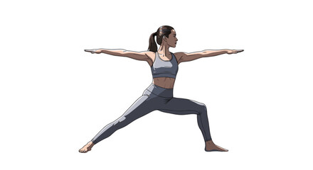 Obraz premium A woman in gray athletic wear performing warrior two yoga pose with arms extended on a white background on transparent background