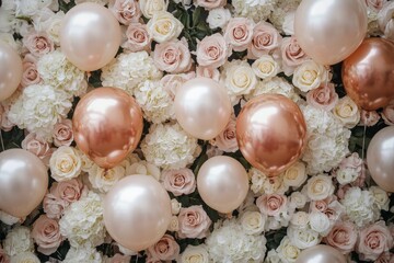 Elegant floral and balloon wall with soft pink and white roses