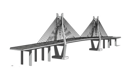 Perspective view of a cable stayed bridge with two towers and multiple supporting pillars in monochrome style on transparent background