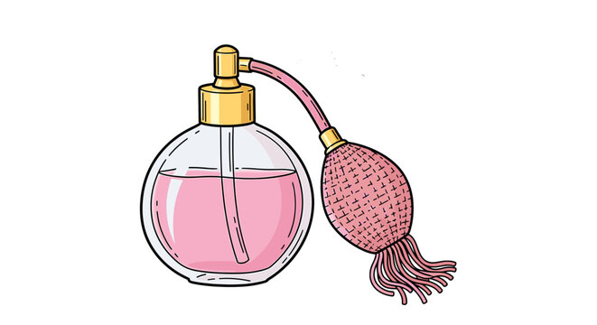 Illustration of a round glass perfume bottle with pink liquid and a pink atomizer bulb and tassel design on transparent background