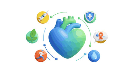 Stylized heart surrounded by health and wellness icons representing a holistic approach to health care on transparent background