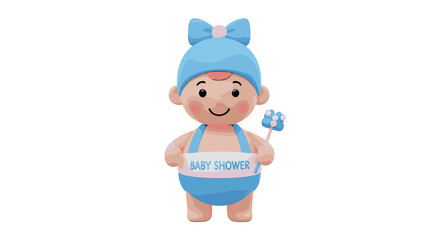 Illustration of a baby in a blue outfit holding a baby shower banner and a flower on a stick isolated on transparent background