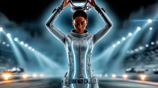 A female pilot takes off her helmet and her futuristic suit glows blue.