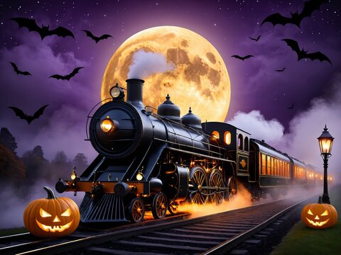 Haunted vintage steam train with glowing lanterns, bats, pumpkins and eerie mist under a giant skull-shaped full moon, spooky Halloween night illustration