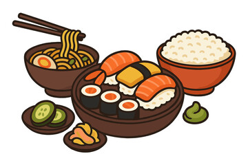 Abstract vector illustration set depicting asian food concepts, including chinese, japanese, and korean cuisine, takeout restaurants, dim sum, sushi delivery, gourmet markets, and oriental menu