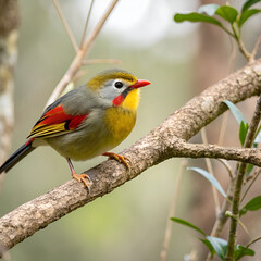 selective focus shot of a cute red billed leiothri