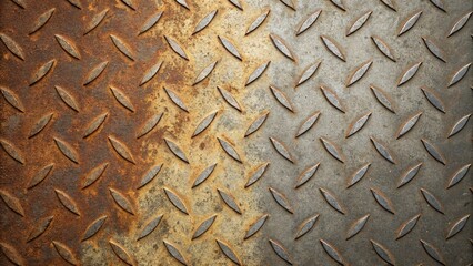 A metal plate with a diamond pattern, half covered in rust, creating a textured and contrasting industrial background, aged and weathered