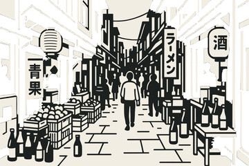 Flat vector illustration of a nighttime Asian street market featuring neon signs and food stalls