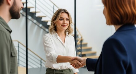 Professional Woman Shaking Hands with Business Partner in Modern Office Setting
