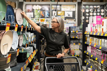 Shoppers explore home goods aisle while selecting plates in a retail store during daytime