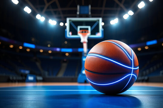 Basketball court arena with glowing ball stadium lights