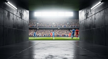 Soccer Players Competing in Bright Stadium From Dark Tunnel Perspective