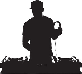 Black silhouette of a D J wearing a baseball cap holding headphones over turntables black and white music