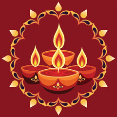 Elegant Diwali Illustration with Lit Oil Lamps and Decorative Border