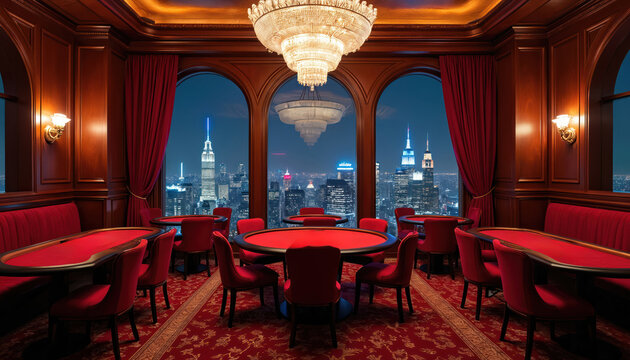 Luxurious casino interior at night overlooks Manhattan skyline. Plush red seating surrounds gaming tables, with opulent chandeliers. Exclusive atmosphere for high-stakes gambling, sophisticated