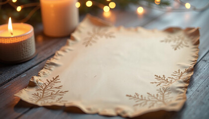 Fototapeta premium Vintage parchment paper with embossed snowflakes on wooden table 