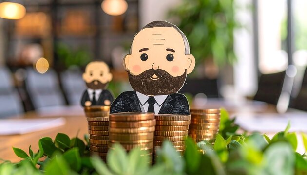 Stacks of coins support cartoon figures of businesspeople in a meeting room setting.