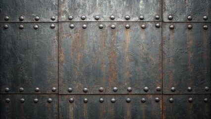 Fototapeta premium Rusty metal door with rivets background texture, ideal for adding a vintage and industrial touch to your creative projects and designs