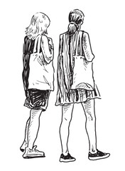 Two young modern city girls in vacation walking together outdoors on summer day, realistic sketch, vector outline hand drawing