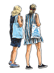 Two young modern city girls in vacation walking together outdoors on summer day, realistic sketch, vector illustration