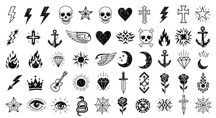 Hand-Drawn Tattoo Flash Sheet Featuring Classic and Contemporary Designs for Tattoo Artists, Designers, and Creative Projects