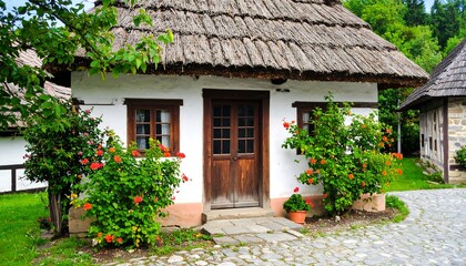 A charming, traditional cottage with a thatched roof and vibrant flowers adorns a picturesque rural scene.
