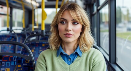 Fototapeta premium Young Woman with Blonde Hair Wearing Green Sweater Sitting in City Bus
