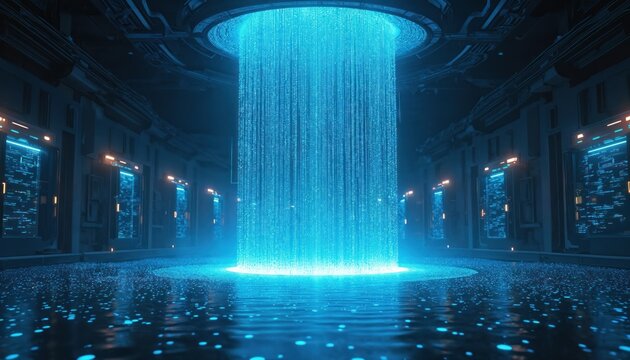 Massive digital waterfall made of glowing binary code cascades into data lake. Servers, analytical tools process incoming data flow. Blue neon lights illuminate futuristic data center, network - Powered by Adobe