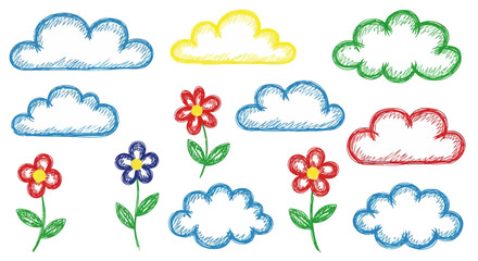 Playful Hand-Drawn Clouds and Flowers Illustration for Children's Books, Educational Materials, and Creative Design Projects that require a whimsical, cheerful aesthetic.
