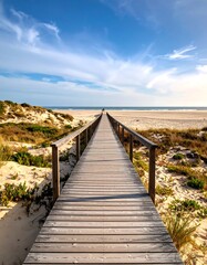 Fototapeta premium Wooden boardwalk leading to a vast sandy beach under a partly cloudy sky