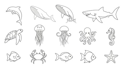 Marine life vector illustration featuring dolphin, whale, shark, jellyfish, octopus, seahorse, turtle, starfish and fish. Perfect for educational materials, coloring books, or marine-themed designs.