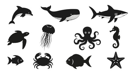 Diverse Marine Animal Silhouettes Collection Featuring Dolphin, Whale, Shark, and More. Ideal for educational resources, ocean conservation campaigns, and marine biology projects.